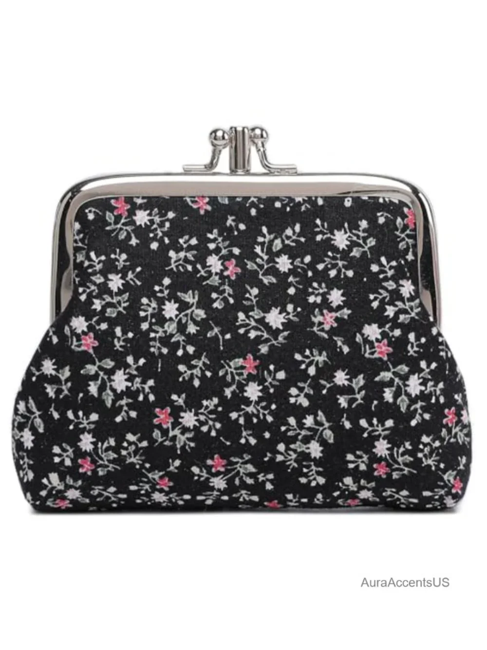 Canvas Kiss-Lock Coin Purse Floral Buckle Pouch Vintage Wallet